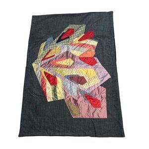 Vintage Crazy Quilt Throw Blanket Wall Hanging Geometric satin Gingham54 x 38